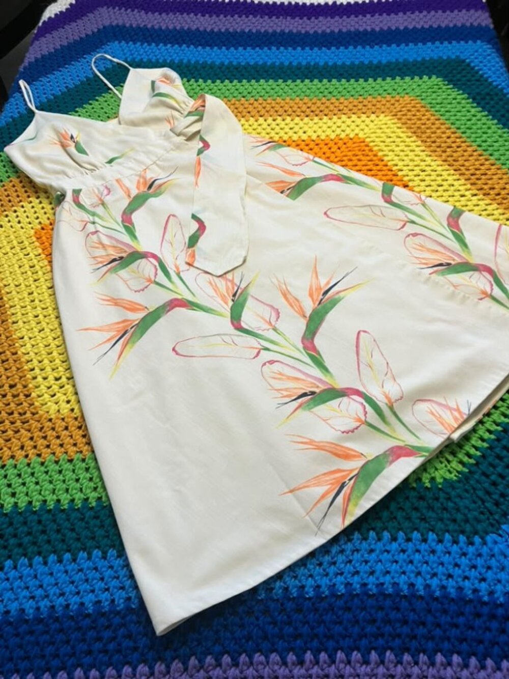 70's Vintage The Strawberry Plant Ivory Bird of Paradise Wrap Sundress Dress